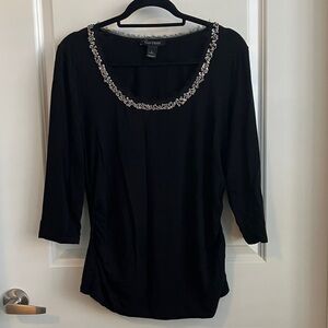 Black Embellished Women's 3/4 sleeve ruched sides Top